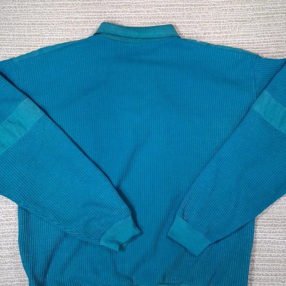 Vintage Knightsbridge Men XL Teal Ribbed Long Sleeve Polo Shirt Sweater 80s 90s